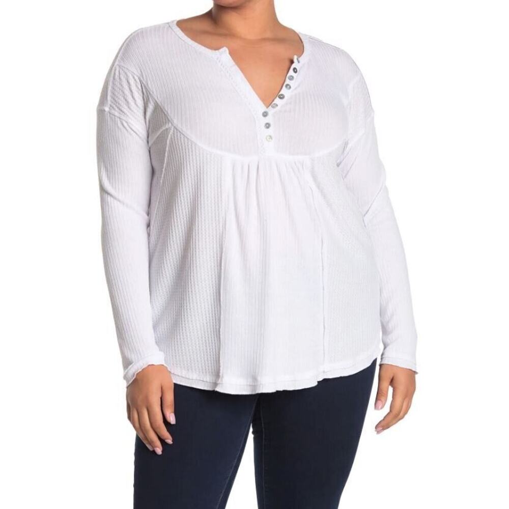 Sweet Romeo Women's Waffle Knit Long Sleeve Oversized Henley Optic‎ White 2X $39